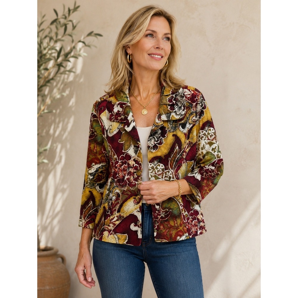 Chico's Floral Jacket Size 1 Burgundy Gold Boho Cottagecore Artful Autumn Hues